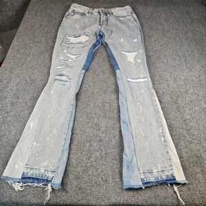 MNML B244 Reconstructed Flare Distressed Paint Splatter Jeans Mens 31 Light Wash